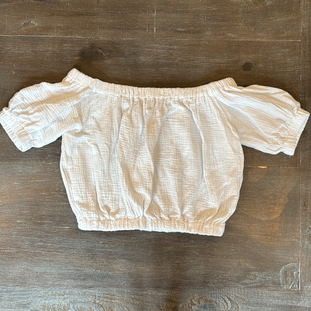 Joie White Top Off Shoulder Cotton Waffle Crop Size S Pouf Short Sleeve